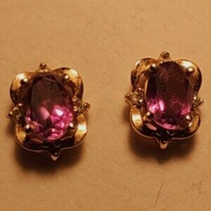 Estate Vintage Large 14K Gold Amethyst & Diamond Stud (2.2g grams) Earrings